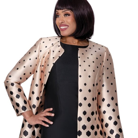 Champagne & Black Nubiano Silk-Look 2-Piece Church Dress with Geometric Pattern - Picture 2 of 4